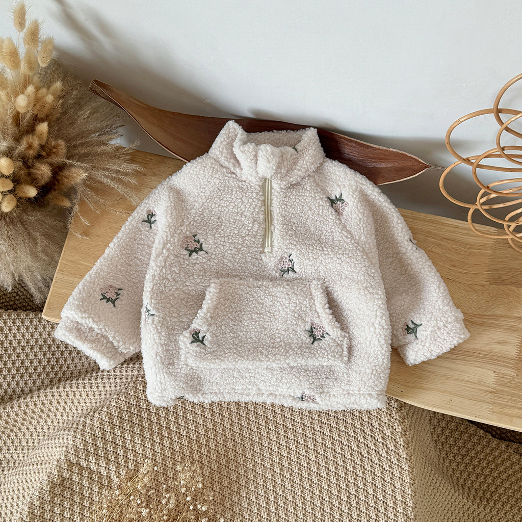 Toddler Half-Zip Sherpa Fleece Jacket, Floral Embroidery Warm Kids Outerwear