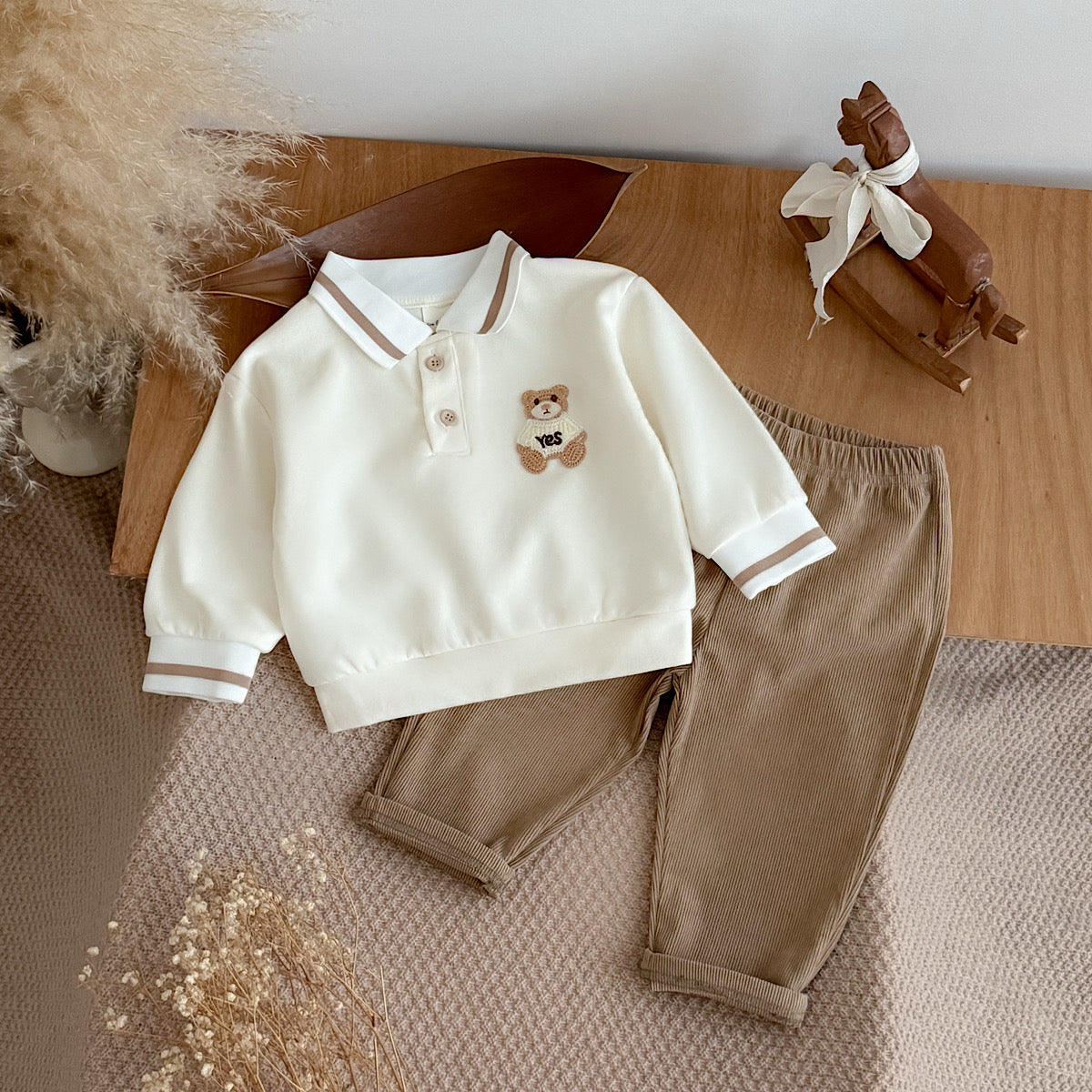Baby Boy Bear Embroidery Polo Shirt & Corduroy Pants Set