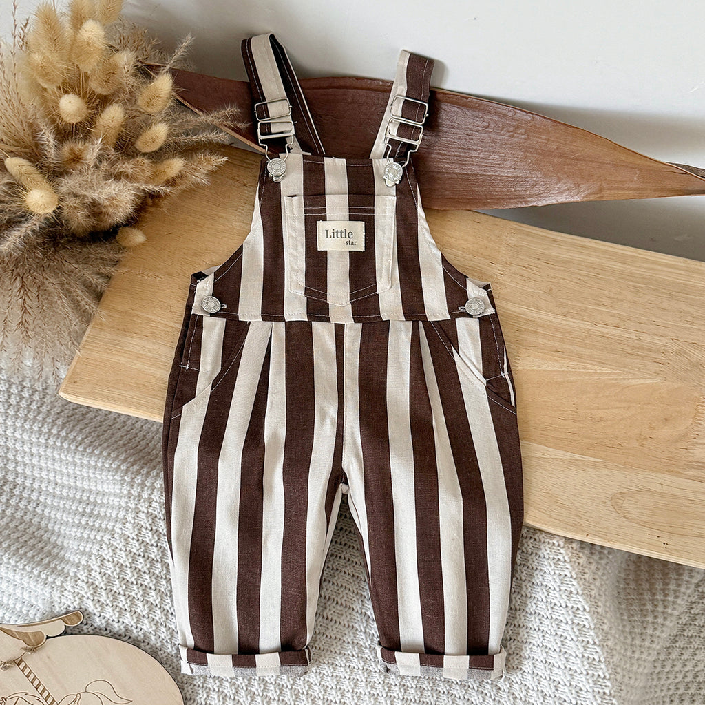Baby Brown White Striped Overalls with Pockets