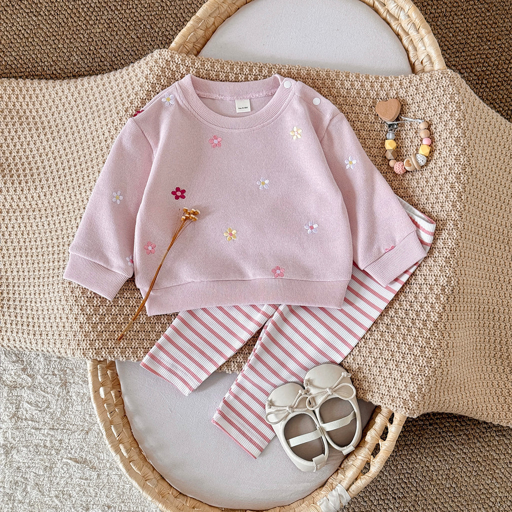 Cute Baby Girl Outfit, Allover Floral Sweatshirt With Pink Striped Pants