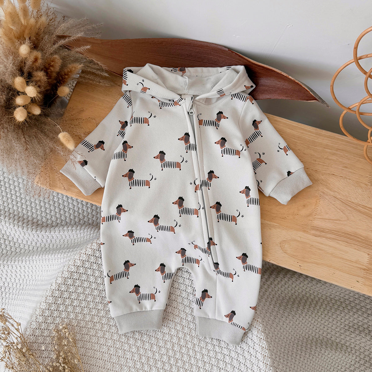 Neutral Baby Puppy Pattern Printed Long Sleeved Jumpsuit 1-18 Months