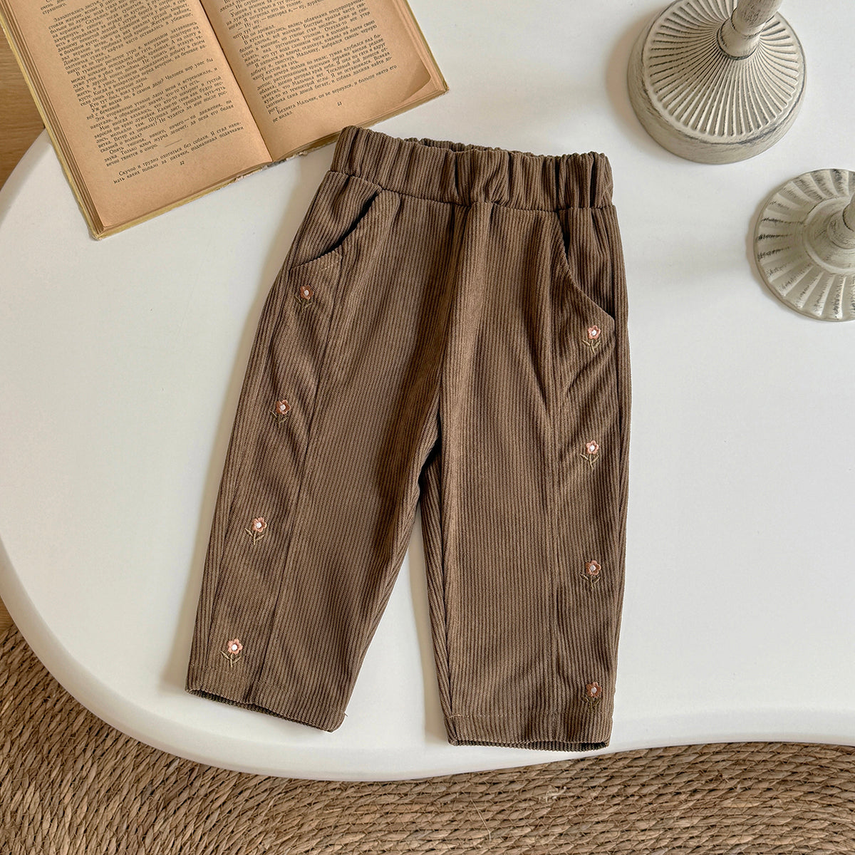 Boys and Girls Corduroy Flower Embroidered Pants