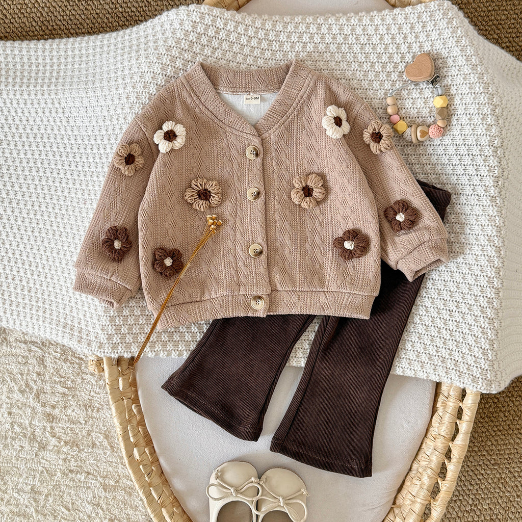 Art Style Girls Flower Knit Coat Set Soft Rib Slim Fit Flare Leggings