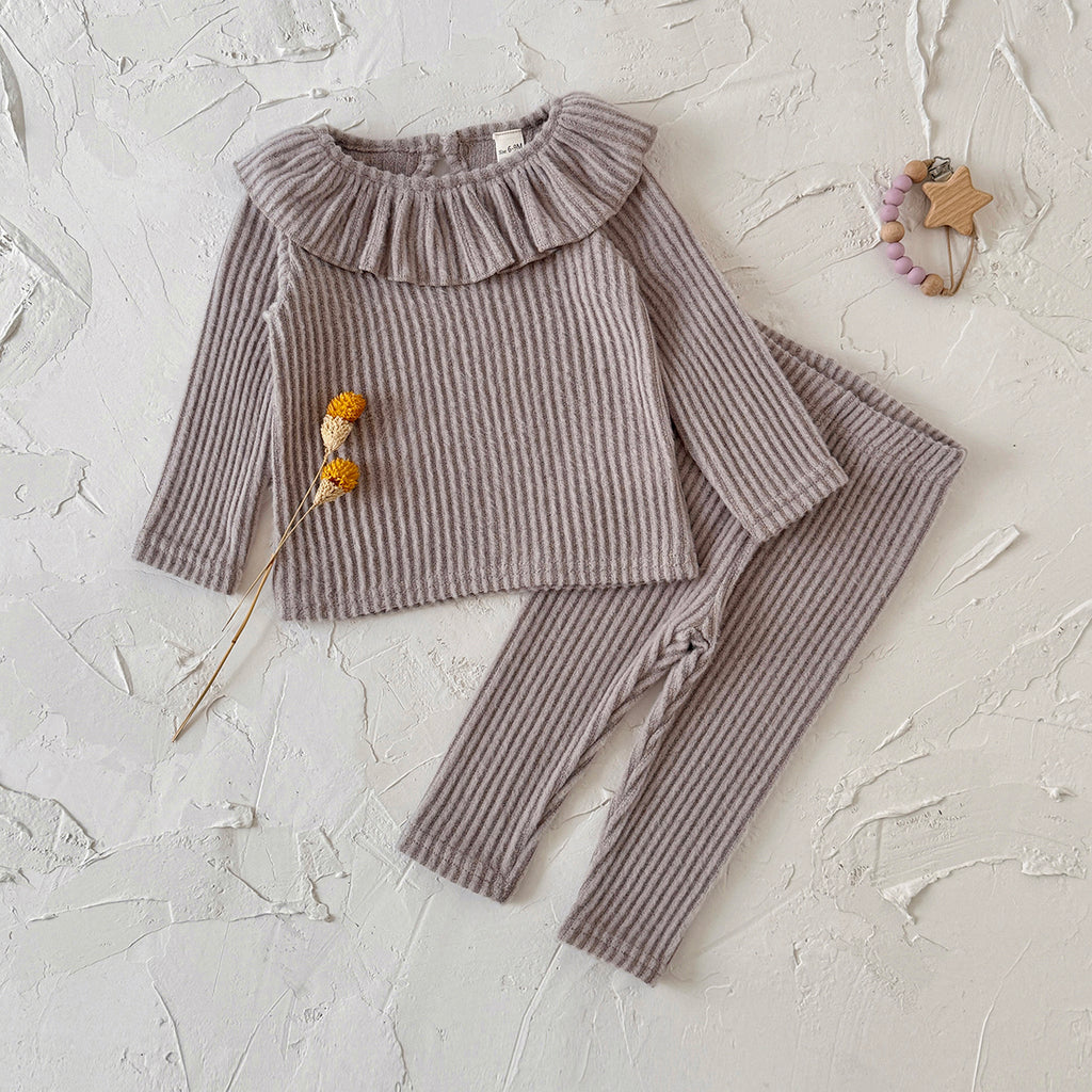 Infant Gentle Grey Ruffle Neck Ribbed Matching Outfit