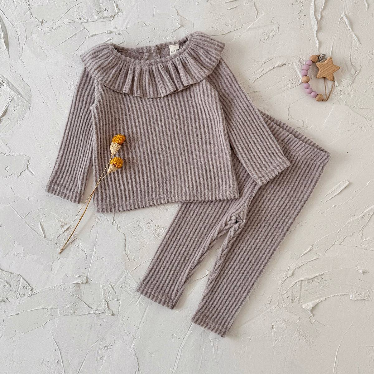Infant Gentle Grey Ruffle Neck Ribbed Matching Outfit