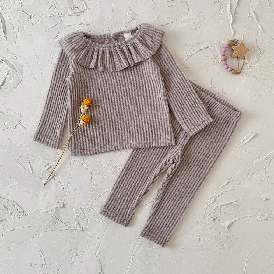 Infant Gentle Grey Ruffle Neck Ribbed Matching Outfit