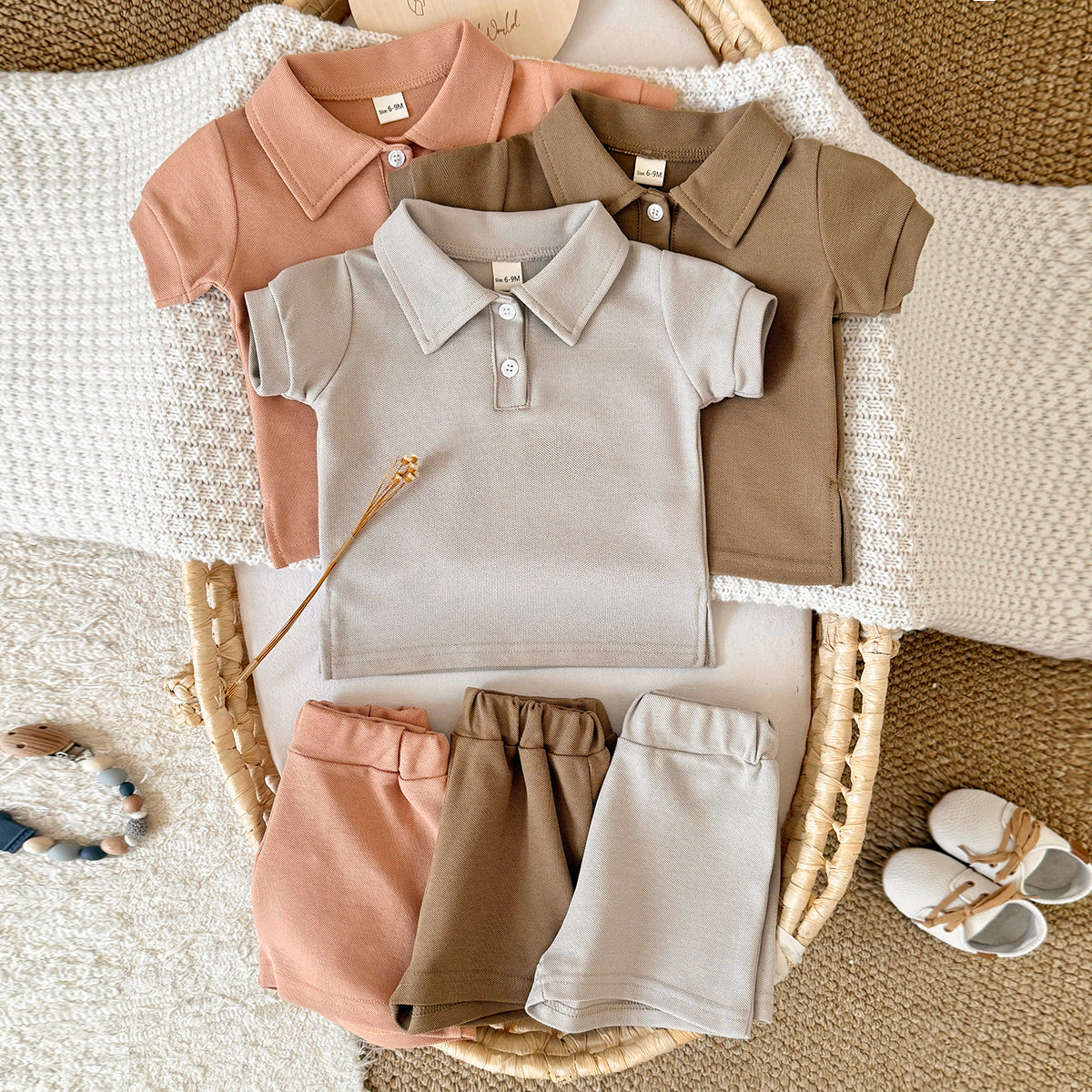 Baby Solid Polo Shirt & Elastic Waist Shorts Summer 2Pcs Outfit