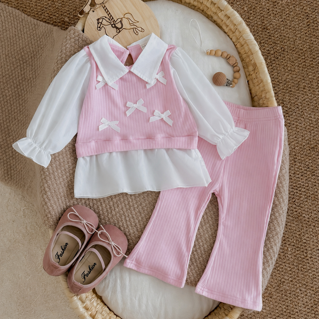 Bow Decor Fake Two-Piece Set for Baby Girls