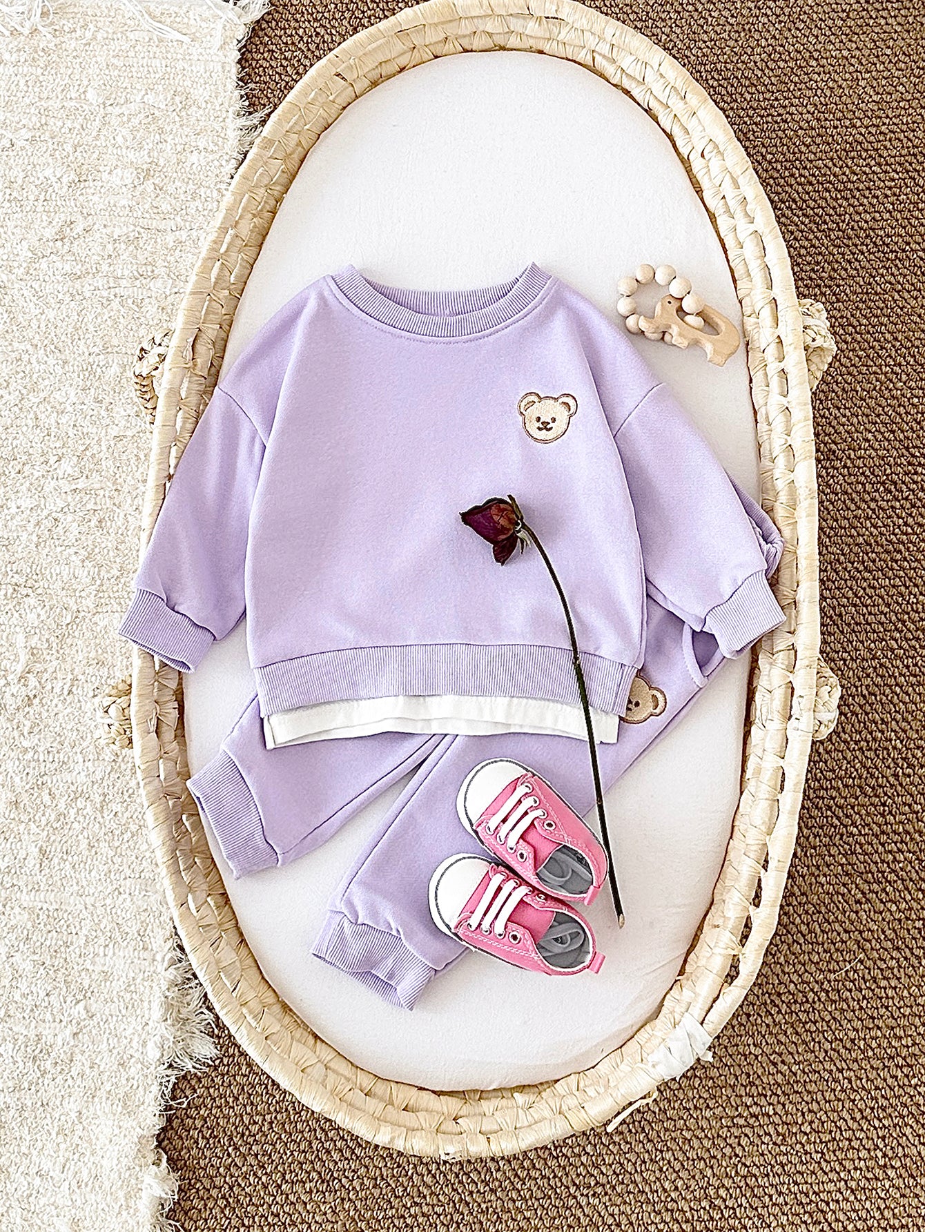 Soft Pink Bear Embroidery Baby Sweatshirt Set Korean Girls 2Pcs Outfit