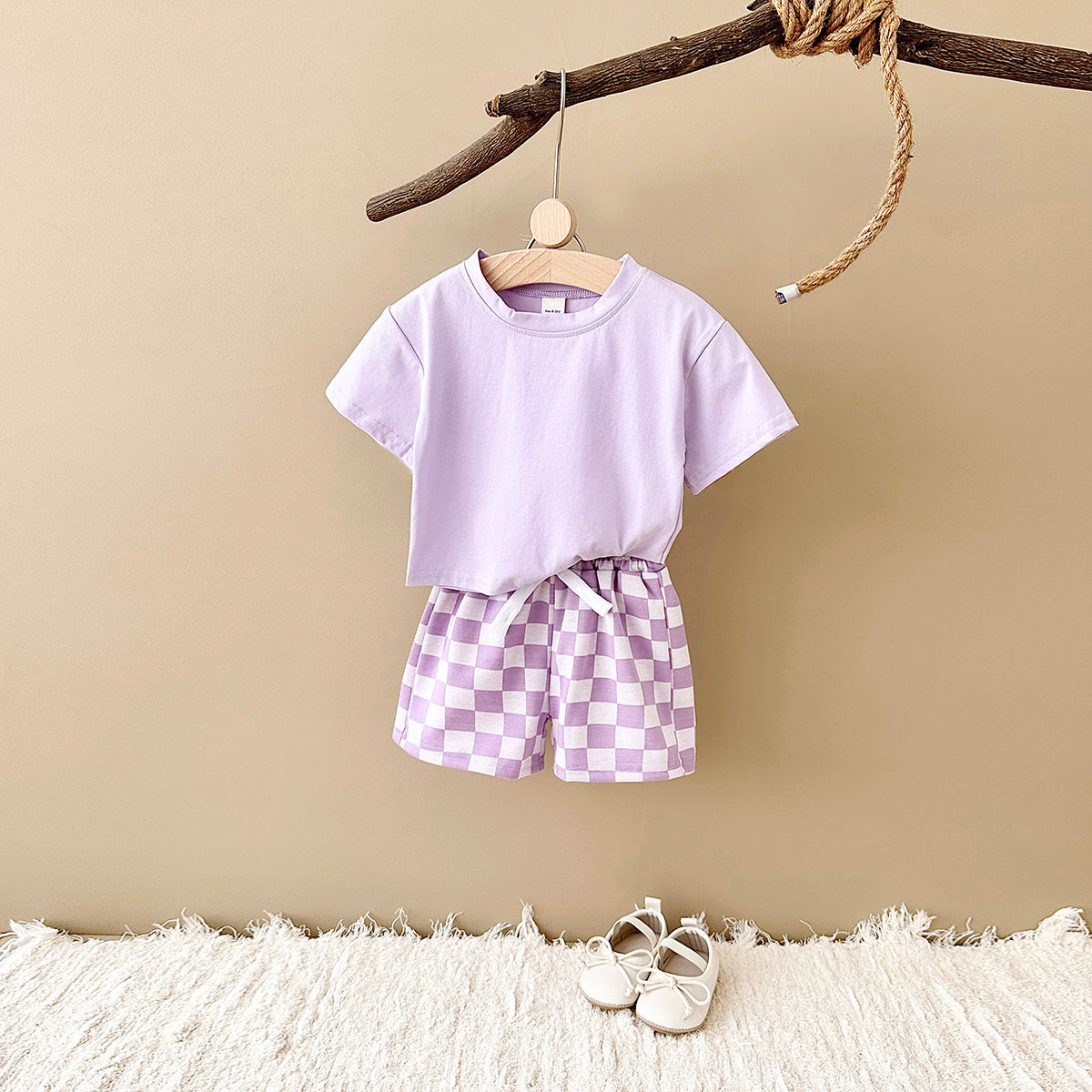 Summer Casual Solid Short Sleeve T-shirt & Plaid Shorts