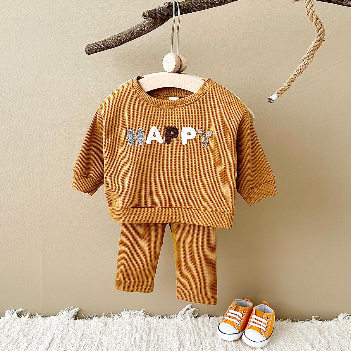 Ins Korean Waffle Infant Separates Crew Neck Letter Toddler Loungewear