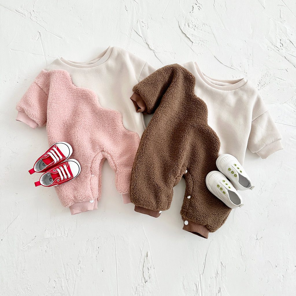 Cute Wavy Spliced Baby Romper, Color Block Sherpa Crewneck Warm Outfit