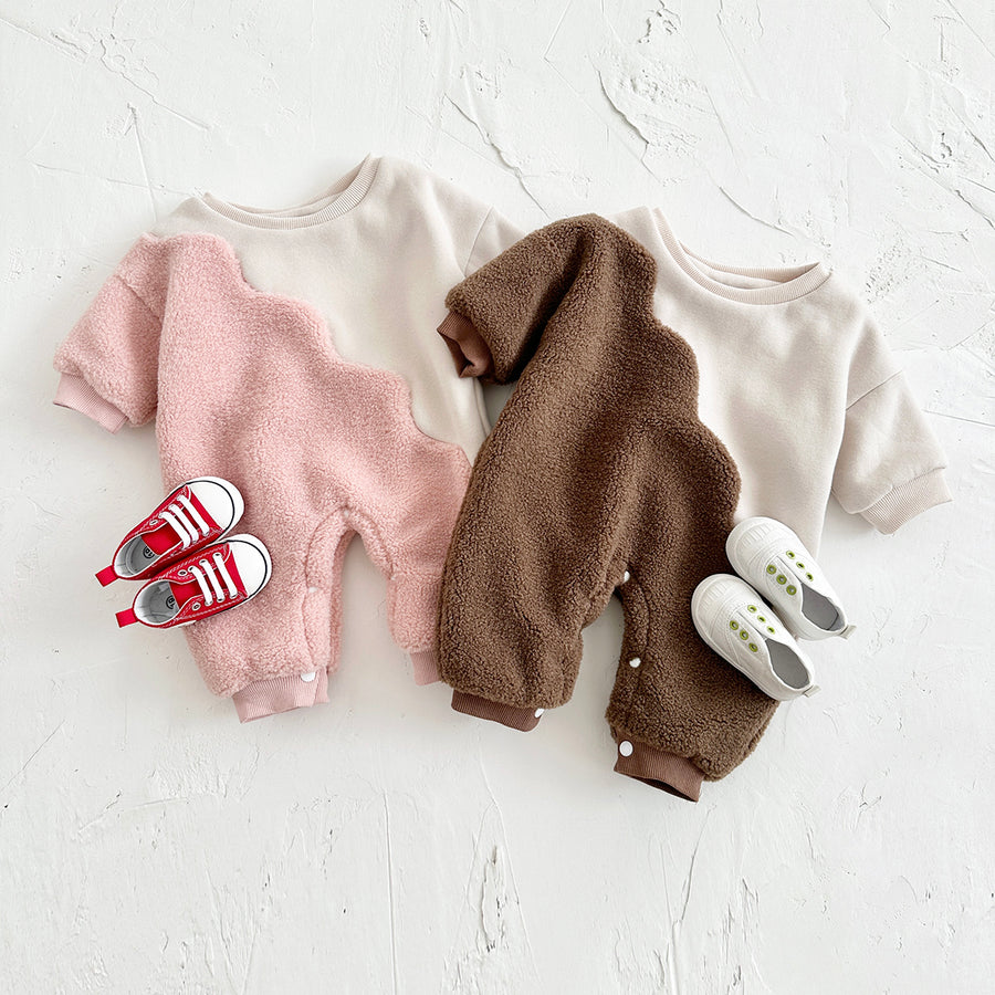 Cute Wavy Spliced Baby Romper, Color Block Sherpa Crewneck Warm Outfit