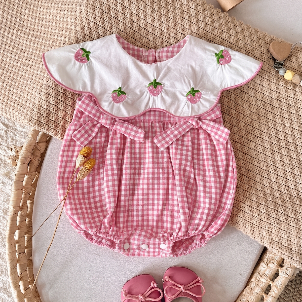 Strawberry Embroidered Gingham Baby Girl Bubble Romper