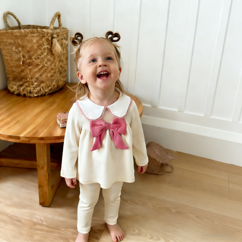 Gentle Cream Girls 2Pcs Big Pink Bow Collar Top Slim Fit Leggings