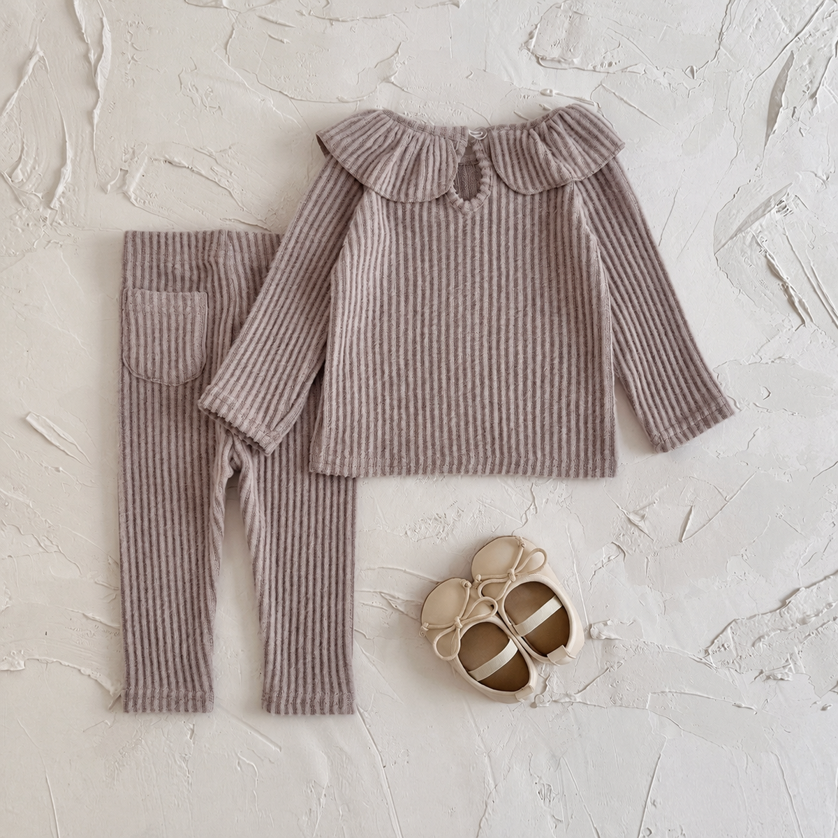 Infant Gentle Grey Ruffle Neck Ribbed Matching Outfit