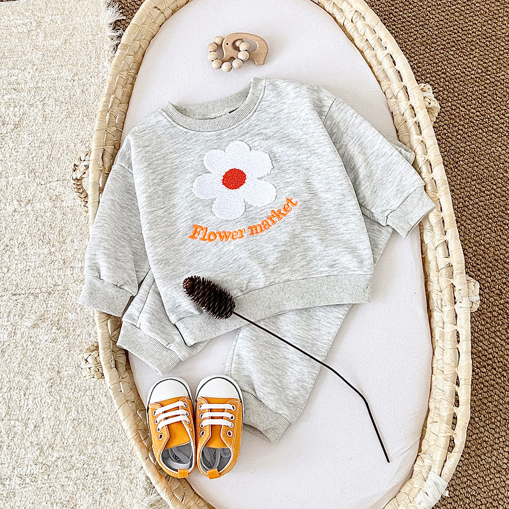 Neutral Baby Flower Embroidery Pattern Sports Set 1-4 Years Old