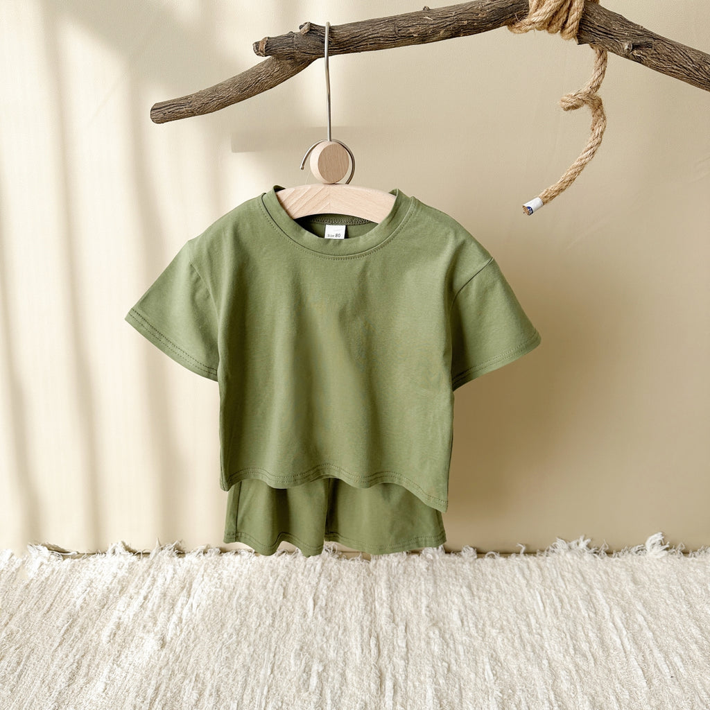 Solid Color Short Sleeve and Shorts Summer 2-Piece Set