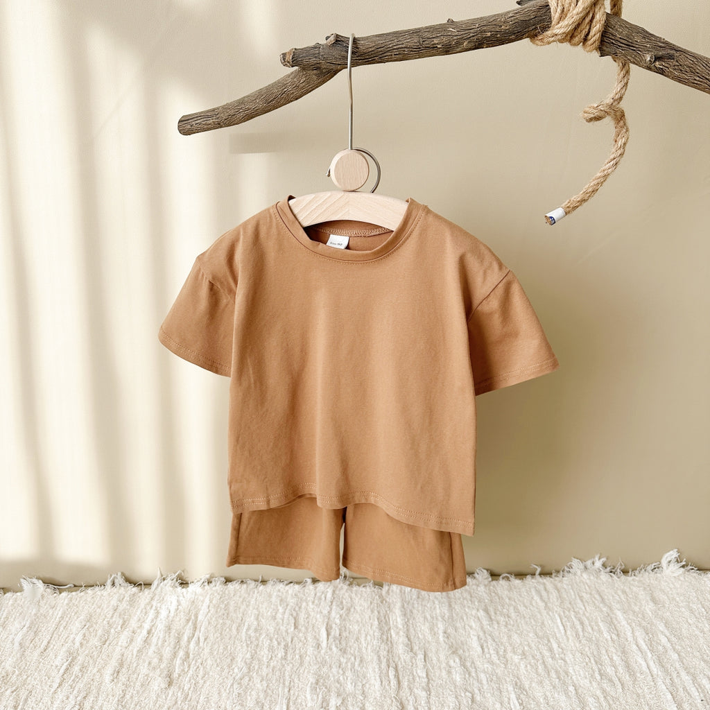 Solid Color Short Sleeve and Shorts Summer 2-Piece Set