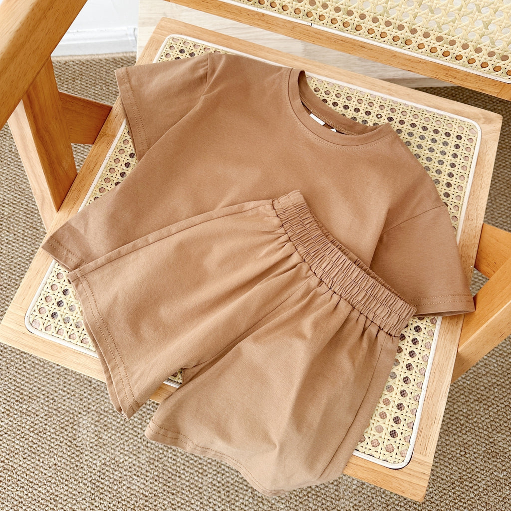 Solid Color Short Sleeve and Shorts Summer 2-Piece Set